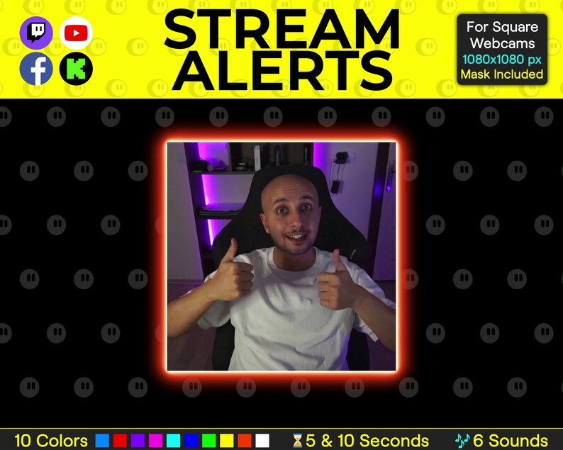 K&ouml;nnte beinhalten: Ein Mann zeigt mit dem Daumen nach oben in einem wei&szlig;en T-Shirt, sitzt auf einem Stuhl mit bunten Lichtern im Hintergrund. Das Bild ist in einem roten Rahmen mit dem Text "STREAM ALERTS" in gelben Buchstaben &uuml;ber dem Bild gerahmt. Der Text "For Square Webcams 1080x1080 px Mask Included" befindet sich in der oberen rechten Ecke des Bildes. Unter dem Bild befinden sich 10 farbige Quadrate, ein Timer-Symbol, der Text "5 & 10 Seconds", ein Musiknotensymbol und der Text "6 Sounds".