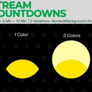 Puede incluir: Dos variaciones de un gr&aacute;fico de cuenta atr&aacute;s. La primera es una forma de media luna amarilla sobre un fondo negro. La segunda es un c&iacute;rculo amarillo con una forma de media luna amarilla en la parte superior, sobre un fondo negro. El texto sobre los gr&aacute;ficos dice "STREAM COUNTDOWNS 3 Min 5 Min 10 Min | 2 Variations Border&Background Any Color".