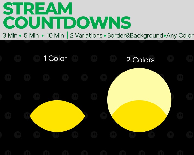 Puede incluir: Dos variaciones de un gr&aacute;fico de cuenta atr&aacute;s. La primera es una forma de media luna amarilla sobre un fondo negro. La segunda es un c&iacute;rculo amarillo con una forma de media luna amarilla en la parte superior, sobre un fondo negro. El texto sobre los gr&aacute;ficos dice "STREAM COUNTDOWNS 3 Min 5 Min 10 Min | 2 Variations Border&Background Any Color".
