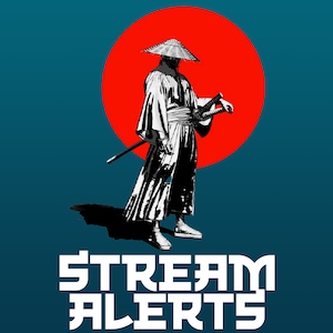 Puede incluir: Una ilustración en blanco y negro de un guerrero samurái con un sombrero de paja, de pie frente a un gran círculo rojo. El texto "STREAM ALERTS" está debajo de la imagen.
