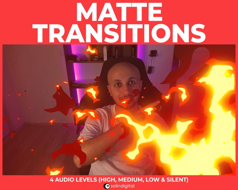 May include: A man wearing a white shirt is pointing to a fiery orange and yellow animated effect. The text "MATTE TRANSITIONS" is at the top of the image. The text "4 AUDIO LEVELS (HIGH, MEDIUM, LOW & SILENT)" is at the bottom of the image. The text "solindigital" is at the bottom right of the image.