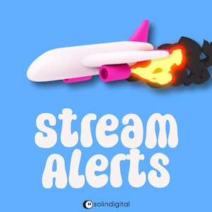 Könnte beinhalten: Ein weißes Flugzeug mit pinkfarbenen Akzenten fliegt vor einem blauen Hintergrund und stößt eine Spur aus gelbem Feuer und schwarzem Rauch aus. Darunter steht der weiße Text stream Alerts und ganz unten der kleine schwarze Text solindigital.