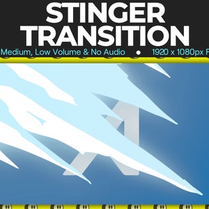 May include: A blue and white abstract graphic with the text "STINGER TRANSITION" in white. The text "High, Medium, Low Volume & No Audio" is below the title. The text "1920 x 1080px Full HD" is in the bottom right corner.