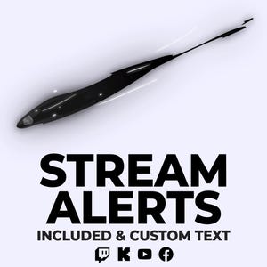 Puede incluir: Gráfico animado en blanco y negro de una raya de luz con el texto "STREAM ALERTS" en letras negras en negrita. Debajo del texto, "INCLUDED & CUSTOM TEXT" en letras negras más pequeñas. Los logotipos de Twitch, YouTube y Facebook están debajo del texto.