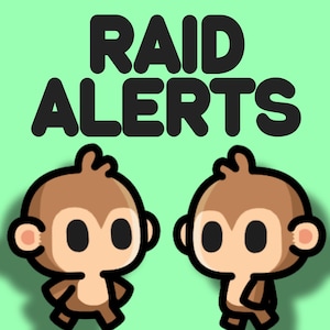 May include: A cartoon graphic with the words "RAID ALERTS" in bold black letters above two brown monkey characters with black eyes and ears, set against a light green background.