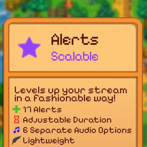 Peut inclure: Une illustration numérique d'une étoile violette avec le texte "Alerts" et "Scalable" dans une boîte jaune. Le texte sous la boîte dit "Levels up your stream in a fashionable way!" et liste les fonctionnalités : "11 Alerts", "Adjustable Duration", "6 Separate Audio Options", et "Lightweight".