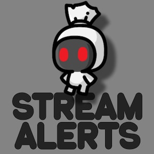 Può includere: Un personaggio dei cartoni animati con un abito bianco, un viso nero con occhi rossi e un copricapo bianco. Le parole "STREAM ALERTS" sono scritte in grandi lettere nere in grassetto sotto il personaggio su uno sfondo grigio.
