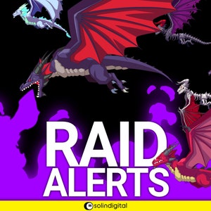 May include: A graphic with the text "RAID ALERTS" in white letters on a purple background.  There are multiple cartoon dragons flying in the air, with red, black, and white wings.