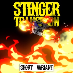 May include: A yellow and black graphic illustration of a motorcycle with flames coming from the exhaust pipes. The text "STINGER TRANSITION" is above the motorcycle. The text "SHORT VARIANT" is below the motorcycle.