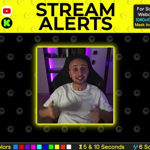 K&ouml;nnte beinhalten: Eine gelbe und schwarze Grafik mit dem Text "STREAM ALERTS" in gro&szlig;en wei&szlig;en Buchstaben. Die Grafik zeigt einen Mann in einem wei&szlig;en Hemd, der einen Daumen nach oben zeigt. Die Grafik enth&auml;lt auch Symbole f&uuml;r Social-Media-Plattformen wie Facebook, YouTube, Twitch und ein gr&uuml;nes Symbol mit dem Buchstaben "K". Die Grafik enth&auml;lt den Text "F&uuml;r quadratische Webcams 1080x1080 px Maske enthalten". Die Grafik enth&auml;lt auch den Text "10 Farben" und eine Reihe von 10 farbigen Quadraten. Die Grafik enth&auml;lt auch den Text "5 & 10 Sekunden" und ein Sanduhr-Symbol. Die Grafik enth&auml;lt auch den Text "6 Sounds" und ein Noten-Symbol.