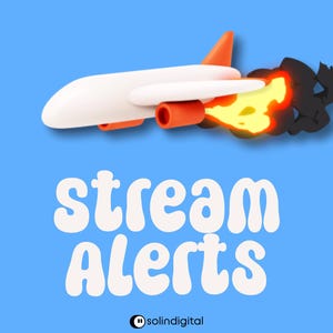 Könnte beinhalten: Ein weißes Flugzeug mit orangefarbenen Akzenten und einer Spur aus gelbem Feuer und schwarzem Rauch, platziert über dem weißen Text "stream Alerts" und einem kleinen Logo mit dem Text "solindigital" auf hellblauem Grund.
