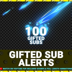 Pu&ograve; includere: Una grafica animata blu e bianca con il testo "100 GIFTED SUBS" e le parole "GIFTED SUB ALERTS" sotto. La grafica &egrave; su uno sfondo a scacchi con un bordo giallo.