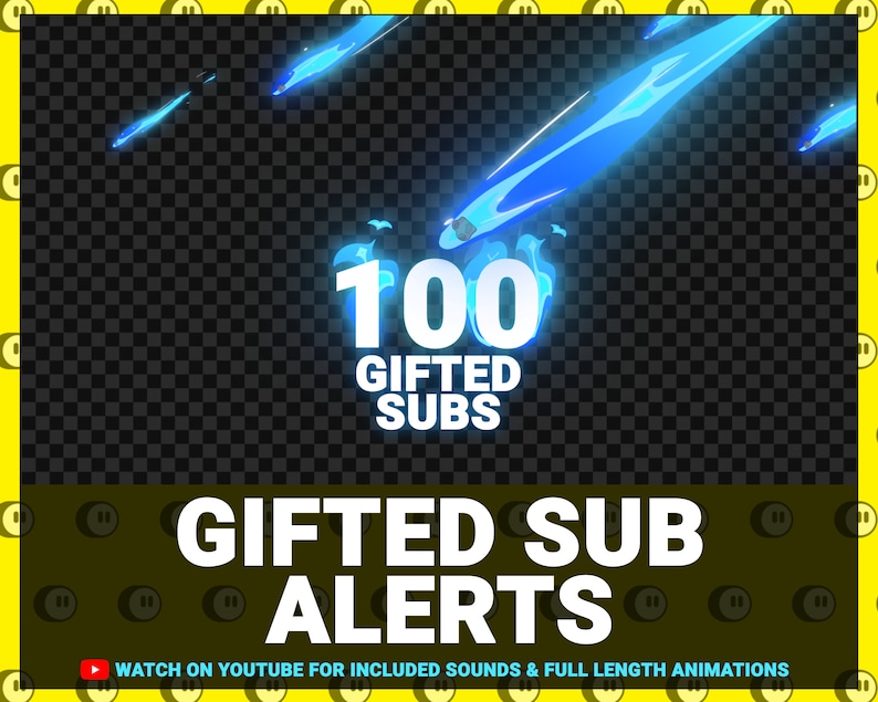 Pu&ograve; includere: Una grafica animata blu e bianca con il testo "100 GIFTED SUBS" e le parole "GIFTED SUB ALERTS" sotto. La grafica &egrave; su uno sfondo a scacchi con un bordo giallo.