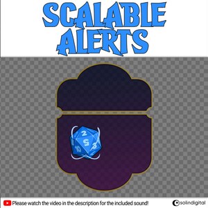 May include: A blue and white dice with the numbers 2, 3, 9, and 10 on its faces, floating in a purple and black frame with a gold border. The text "SCALABLE ALERTS" is in blue letters on a white background.