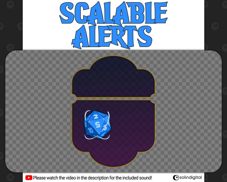 May include: A blue and white dice with the numbers 2, 3, 9, and 10 on its faces, floating in a purple and black frame with a gold border. The text "SCALABLE ALERTS" is in blue letters on a white background.