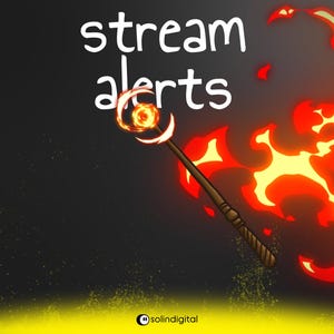 Könnte beinhalten: Illustration mit dem Text "stream alerts" in Weiß. Ein Cartoon-Zauberstab mit einem leuchtenden orangefarbenen Orb und Halbmond ist von stilisierten Flammen umgeben. Der Hintergrund ist dunkelgrau mit gelben Akzenten.