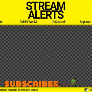 Puede incluir: Un gr&aacute;fico de alerta animado amarillo y negro para transmisiones de Twitch o YouTube. El gr&aacute;fico presenta un personaje zombie sosteniendo un palo y el texto "SUBSCRIBER" en naranja. El texto "Watch on YouTube for included sound!" tambi&eacute;n est&aacute; incluido en el gr&aacute;fico.