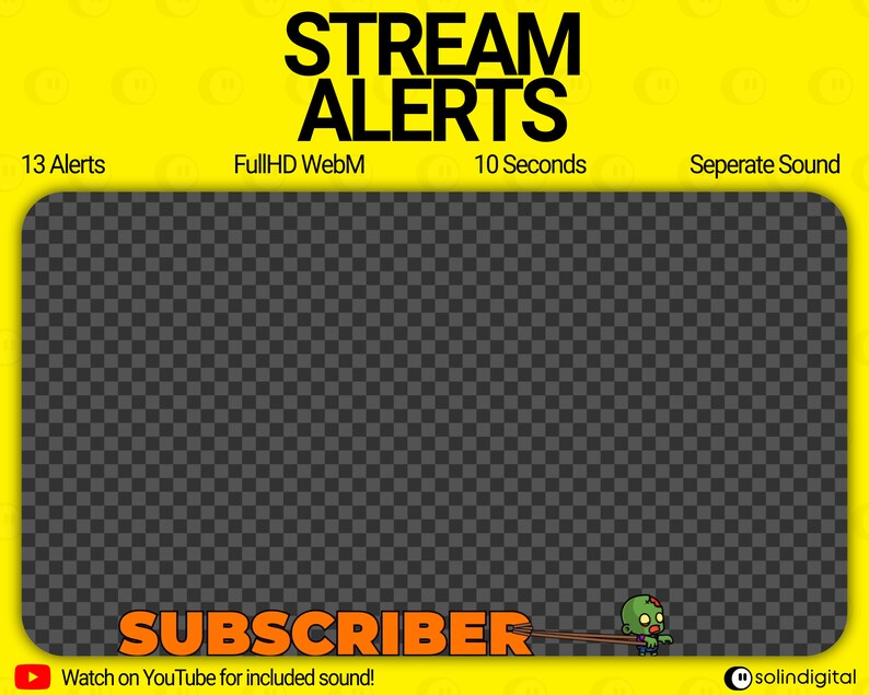 Puede incluir: Un gr&aacute;fico de alerta animado amarillo y negro para transmisiones de Twitch o YouTube. El gr&aacute;fico presenta un personaje zombie sosteniendo un palo y el texto "SUBSCRIBER" en naranja. El texto "Watch on YouTube for included sound!" tambi&eacute;n est&aacute; incluido en el gr&aacute;fico.