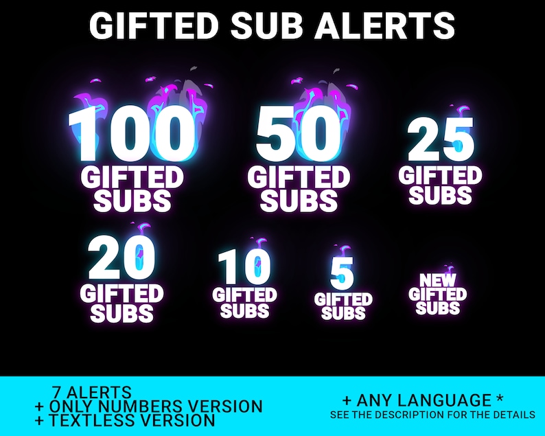 Pu&ograve; includere: Sette avvisi animati per Twitch, YouTube o altre piattaforme di streaming. Gli avvisi sono per le iscrizioni regalate, con i numeri 100, 50, 25, 20, 10, 5 e "Nuove iscrizioni regalate". Gli avvisi sono in uno schema di colori blu e viola con un effetto fiamma.