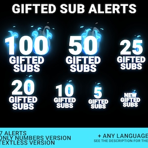 Pu&ograve; includere: Un set di sette avvisi animati a forma di fiamma blu per Twitch, YouTube o altre piattaforme di streaming. Gli avvisi mostrano il numero di abbonamenti regalati, che vanno da 5 a 100. Il testo recita "GIFTED SUBS".