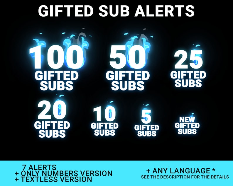 Pu&ograve; includere: Un set di sette avvisi animati a forma di fiamma blu per Twitch, YouTube o altre piattaforme di streaming. Gli avvisi mostrano il numero di abbonamenti regalati, che vanno da 5 a 100. Il testo recita "GIFTED SUBS".