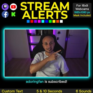 Könnte beinhalten: Eine blaue und gelbe Grafik mit dem Text "STREAM ALERTS" in großen gelben Buchstaben. Die Grafik enthält Social-Media-Symbole für Twitch, YouTube, Facebook und TikTok. Die Grafik enthält auch ein kleineres Bild einer Person vor einem lila und weißen Hintergrund. Der Text "adoringfan is subscribed!" wird unter dem Bild angezeigt. Die Grafik enthält auch den Text "Custom Text", "5 & 10 Seconds" und "6 Sounds".