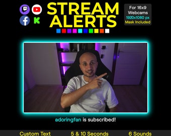 May include: A blue and yellow graphic with the text "STREAM ALERTS" in large yellow letters. The graphic includes social media icons for Twitch, YouTube, Facebook, and TikTok. The graphic also includes a smaller image of a person in front of a purple and white background. The text "adoringfan is subscribed!" is displayed below the image. The graphic also includes the text "Custom Text", "5 & 10 Seconds", and "6 Sounds".