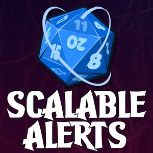 Könnte beinhalten: Ein blauer 20-seitiger Würfel mit weißen Zahlen ist von einem weißen Kreis umgeben. Der Text "SCALABLE ALERTS" ist in weiß unter dem Würfel geschrieben.