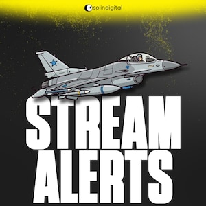Könnte beinhalten: Illustration eines grauen Kampfflugzeugs mit blauen Akzenten und einem Piloten im Cockpit. Der Text "STREAM ALERTS" ist in großen weißen Buchstaben auf schwarzem Hintergrund dargestellt. Ein gelber Spritzeffekt befindet sich oben links.