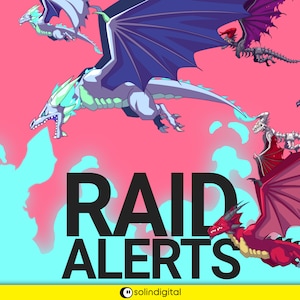 以下が含まれることがあります： ピンクの背景に黒い文字で「RAID ALERTS」と書いてあります。青い、紫色の、赤い翼を持つ、5匹の漫画のドラゴンが空を飛んでいます。ドラゴンは青い、白い、赤い煙を吐き出しています。