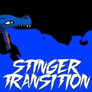 Può includere: Un drago blu con denti aguzzi esala una nuvola di fumo blu. Il testo "STINGER TRANSITION" è scritto in bianco sulla nuvola blu.