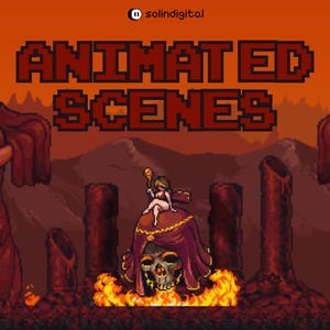 Puede incluir: Arte digital pixelado con el texto "ANIMATED SCENES" en rojo. La imagen presenta a una mujer sentada sobre una calavera con una capa roja, sosteniendo un bastón y rodeada de llamas. El fondo es un paisaje marrón rojizo.