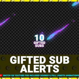 Pu&ograve; includere: Un design grafico per un canale Twitch o YouTube con una striscia di luce animata viola e blu con il testo "10 GIFTED SUBS" e le parole "GIFTED SUB ALERTS" in grandi lettere bianche. Il testo "WATCH ON YOUTUBE FOR INCLUDED SOUNDS & FULL LENGTH ANIMATIONS" &egrave; nella parte inferiore dell'immagine.