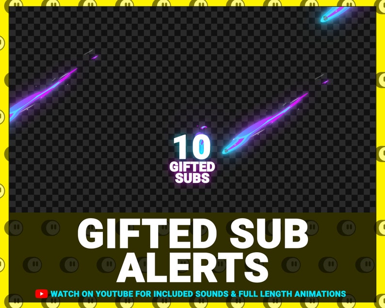 Pu&ograve; includere: Un design grafico per un canale Twitch o YouTube con una striscia di luce animata viola e blu con il testo "10 GIFTED SUBS" e le parole "GIFTED SUB ALERTS" in grandi lettere bianche. Il testo "WATCH ON YOUTUBE FOR INCLUDED SOUNDS & FULL LENGTH ANIMATIONS" &egrave; nella parte inferiore dell'immagine.