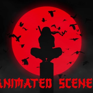 May include: Silhouette of a person sitting on a pillar with a red moon in the background. The person is wearing a hooded cloak and holding a sword. There are many birds flying around the moon. The text "ANIMATED SCENES" is at the bottom of the image.