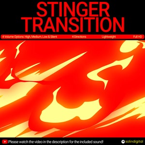 May include: A red and yellow abstract design with the text "STINGER TRANSITION" in white. The text "4 Volume Options: High, Medium, Low & Silent", "4 Directions", "Lightweight", and "Full HD" are also visible.