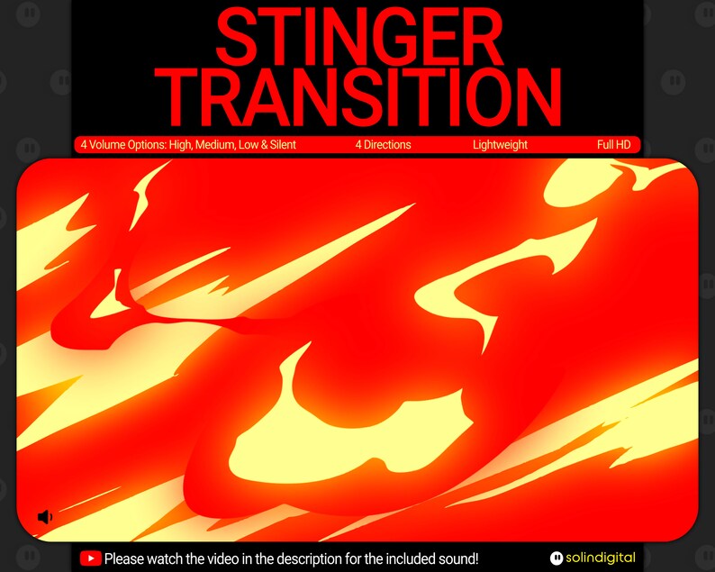 May include: A red and yellow abstract design with the text "STINGER TRANSITION" in white. The text "4 Volume Options: High, Medium, Low & Silent", "4 Directions", "Lightweight", and "Full HD" are also visible.