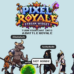 Może przedstawiać: Cyfrowa grafika zatytułowana Pixel Royale Stream Widget z tekstem Turn Your Chat Into A Battle Royale. Poniżej znajdują się postacie w stylu pixel art, w tym stworzenie przypominające byka, postać w kapturze, kobieta w czarnej sukni i ciemna sylwetka.