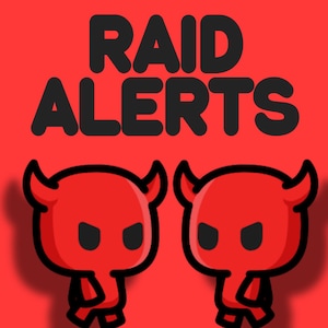 Pode incluir: Um fundo vermelho com as palavras "RAID ALERTS" em letras pretas. Abaixo do texto, dois demônios de desenho animado em vermelho com olhos e chifres pretos.