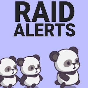 May include: A digital illustration features three cartoon pandas on a light purple background. The text "RAID ALERTS" is displayed in bold black letters above the pandas. The pandas are white with black markings and are in a running pose.