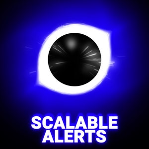 Puede incluir: Un ojo blanco con una pupila negra rodeado de un brillo azul. El texto "SCALABLE ALERTS" está debajo del ojo.