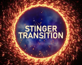 May include: A glowing orange and red ring of sparks against a dark blue background with the text "STINGER TRANSITION" in yellow.