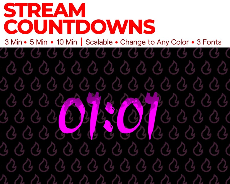 May include: A pink digital countdown timer displaying "01:01" against a black background with a repeating pattern of pink flames.