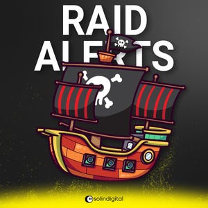 May include: A cartoon pirate ship illustration with the words "RAID ALERTS" in white. The ship is orange and red with black sails and a skull and crossbones flag. The background is black with yellow accents.
