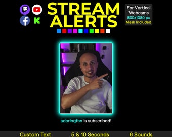Minimale Webcam-Warnungen, Hintergrundbeleuchtung Kamera Rand Rahmen Twitch Overlays, 10 Farben mit Sound & Maske, Vertikal Full HD, YouTube Facebook Kick