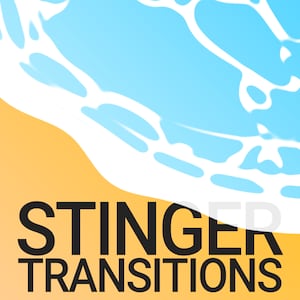 May include: A graphic design with a blue and white wave design on a yellow background. The text "STINGER TRANSITIONS" is in black letters.