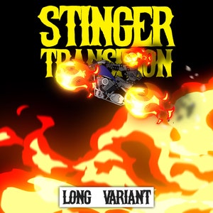 May include: A yellow and black graphic design with the text "STINGER TRANSITION" and the words "LONG VARIANT" in black text. The design features a cartoon of a skeleton riding a motorcycle with flames coming from the exhaust.