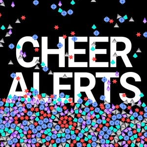 May include: White text on a black background reads "CHEER ALERTS". The text is surrounded by a scattering of red stars, blue diamonds, and turquoise triangles.