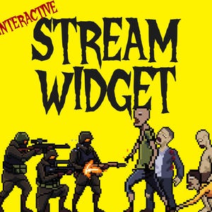 May include: A digital graphic on a bright yellow background featuring the text INTERACTIVE STREAM WIDGET in black. Below the text, pixel art depicts three soldiers in dark tactical gear firing weapons at a group of four pale, humanoid figures.