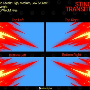 May include: Four different animated transitions with a red and yellow flame effect on a blue background. The text "STINGER TRANSITION" is at the top of the image.
